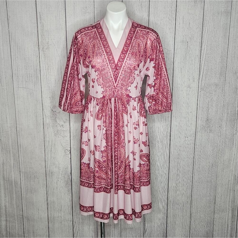 VTG 80s Herman Marcus Sheer Pink Paisley Boho Midi Dress, size 6